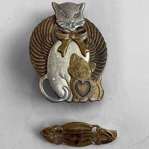 Cat Brooch with Bow, Silver and Gold Set of 2
